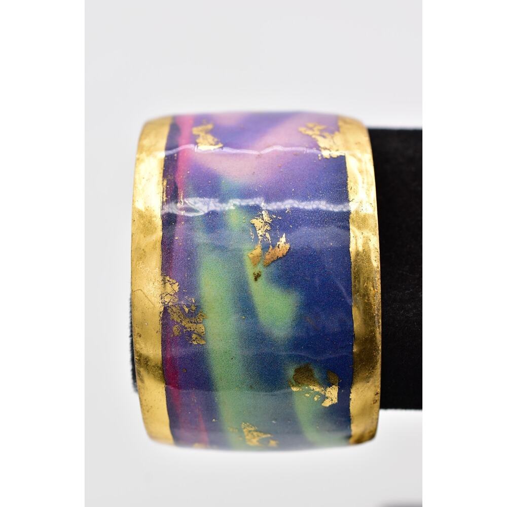 Evocateur Aurora Borealis Cuff Bracelet 22K Gold Leaf Chunky Signed RARE Bin2